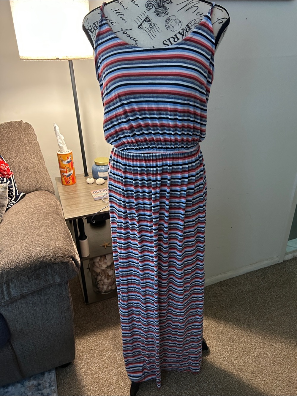 Striped Sleeveless Maxi Dress in Blue, Coral, White